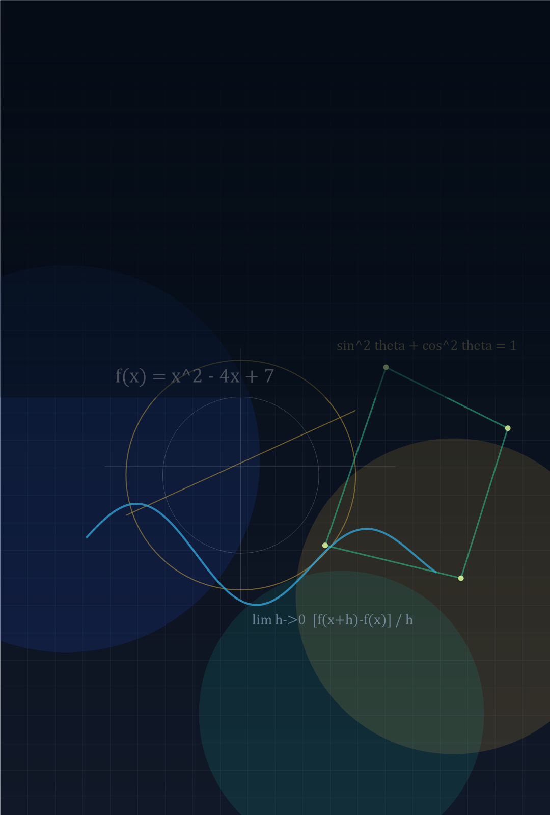 Abstract professional mathematics artwork with geometric construction lines, graph curves, and formulas